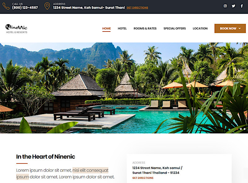 เว็บสำเร็จรูป ใช้งานง่ายเพียงลากและวาง Demo Theme - Hotel Business Wordpress Theme โดยเว็บไซต์สำเร็จรูป NineNic
